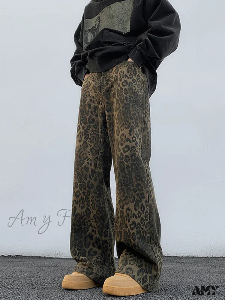 Amy Fashion - 2024 Y2K Leopard Print Wide Leg Women High Waisted Streetwear Retro Denim Baggy