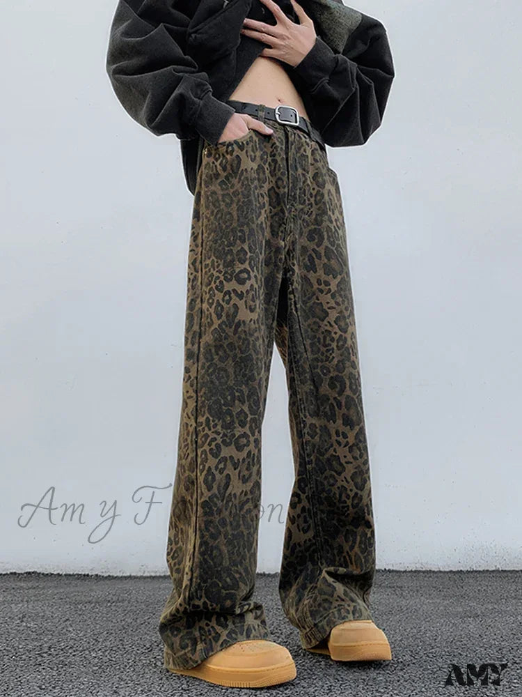 Amy Fashion - 2024 Y2K Leopard Print Wide Leg Women High Waisted Streetwear Retro Denim Baggy