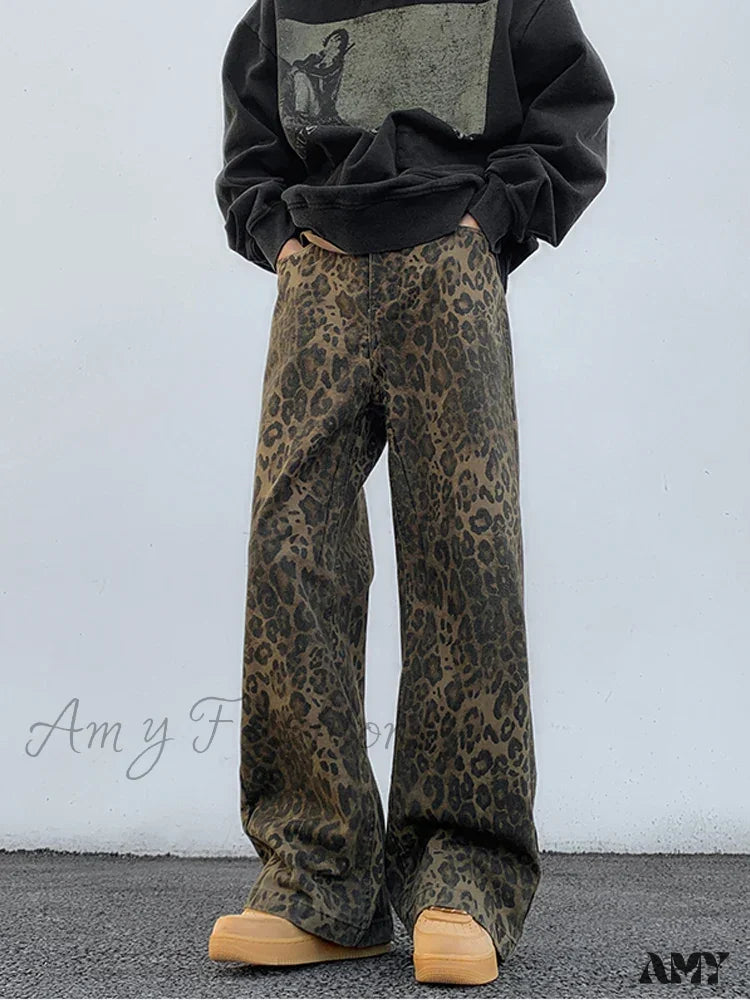 Amy Fashion - 2024 Y2K Leopard Print Wide Leg Women High Waisted Streetwear Retro Denim Baggy