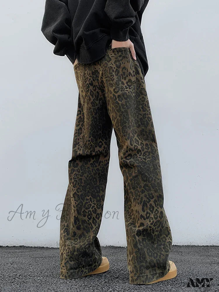 Amy Fashion - 2024 Y2K Leopard Print Wide Leg Women High Waisted Streetwear Retro Denim Baggy