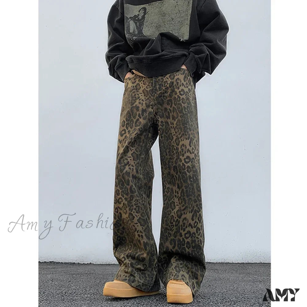 Amy Fashion - 2024 Y2K Leopard Print Wide Leg Women High Waisted Streetwear Retro Denim Baggy