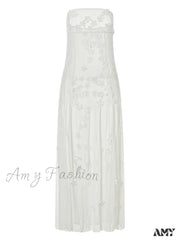 Amy Fashion - 3D Flowers Patchwork Tube For Women Strapless Off Shoulder Mesh Sheer See Through