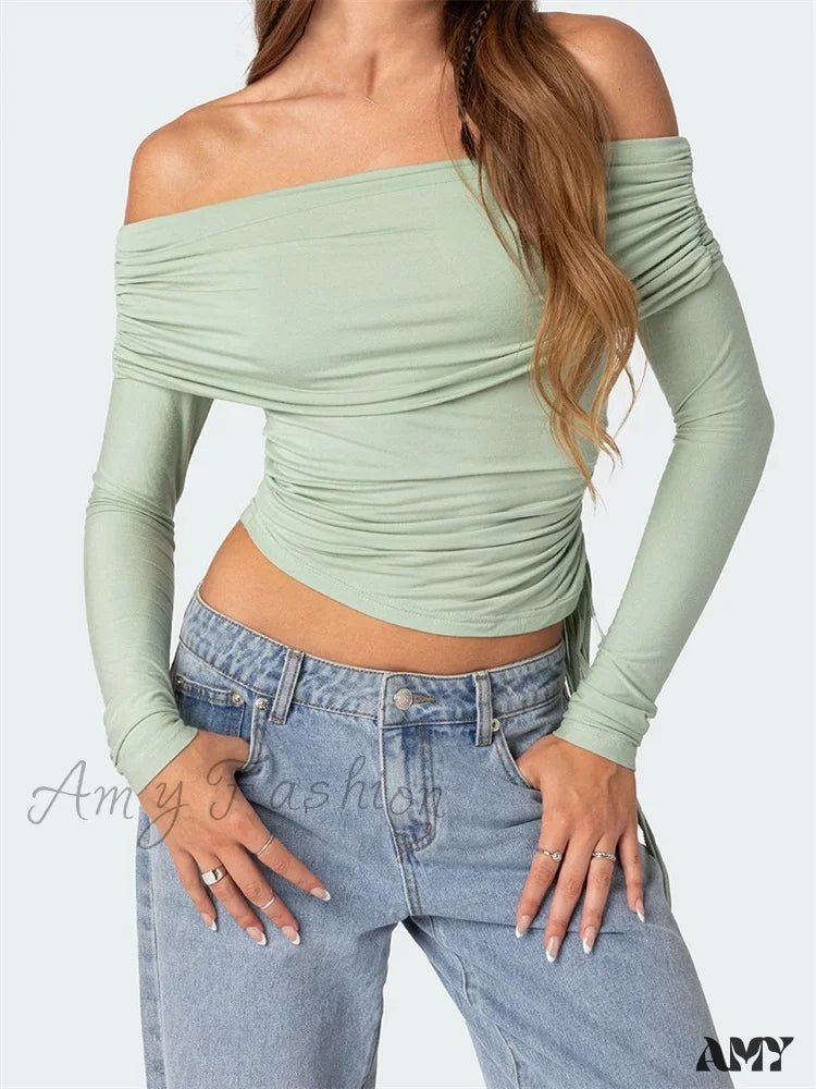 Amy Fashion - 90S Off Shoulder Long Sleeve Slim Fitretro Ruched Tie Up T-Shirts