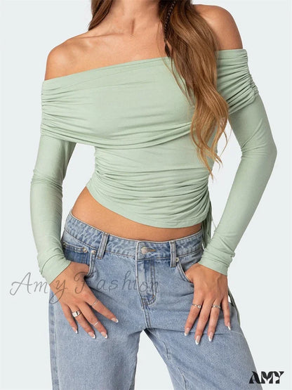 Amy Fashion - 90S Off Shoulder Long Sleeve Slim Fitretro Ruched Tie Up T-Shirts