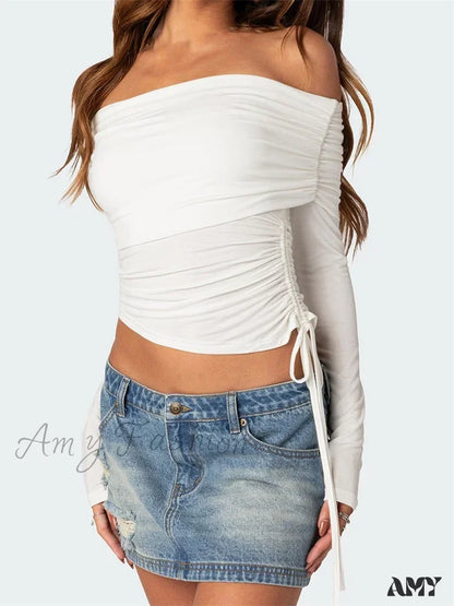 Amy Fashion - 90S Off Shoulder Long Sleeve Slim Fitretro Ruched Tie Up T-Shirts