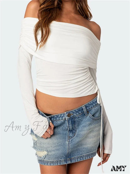 Amy Fashion - 90S Off Shoulder Long Sleeve Slim Fitretro Ruched Tie Up T-Shirts