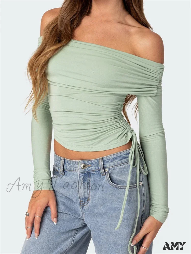 Amy Fashion - 90S Off Shoulder Long Sleeve Slim Fitretro Ruched Tie Up T-Shirts Green / S