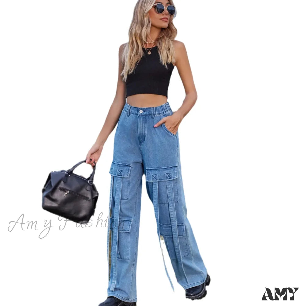 Amy Fashion - 90S Streetwear Blue Cargo Casual Big Pockets Overalls High Waist Straight Denim Jean