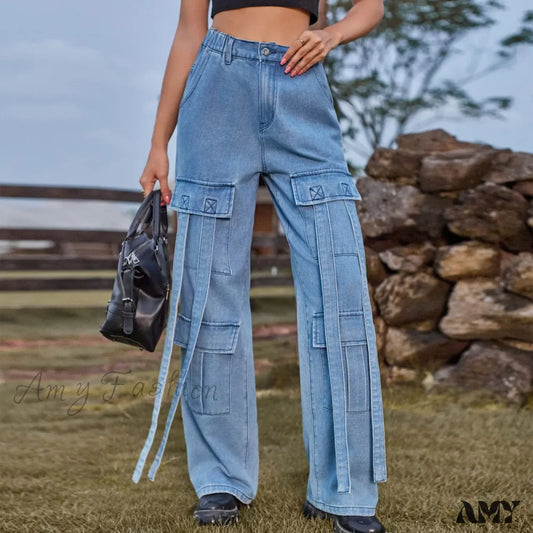 Amy Fashion - 90S Streetwear Blue Cargo Casual Big Pockets Overalls High Waist Straight Denim Jean