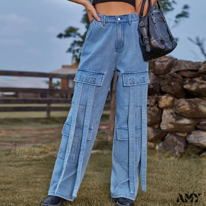 Amy Fashion - 90S Streetwear Blue Cargo Casual Big Pockets Overalls High Waist Straight Denim Jean