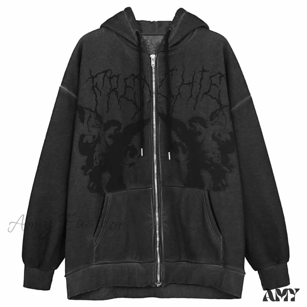 Amy Fashion - Angel Dark Print Streetwear Hoody Jacket Black 1 / M