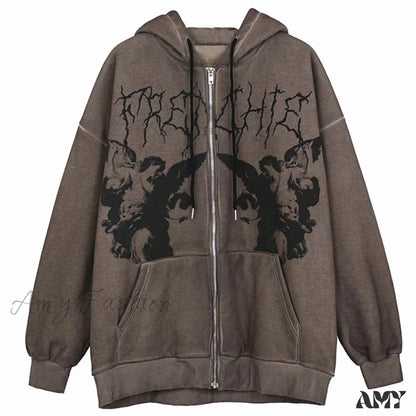 Amy Fashion - Angel Dark Print Streetwear Hoody Jacket Brown / M