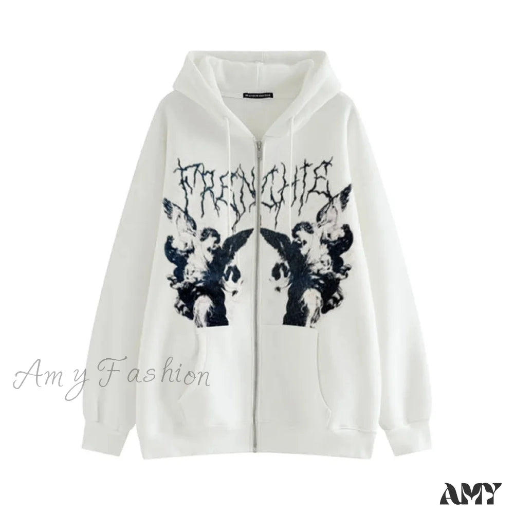 Amy Fashion - Angel Dark Print Streetwear Hoody Jacket White / M