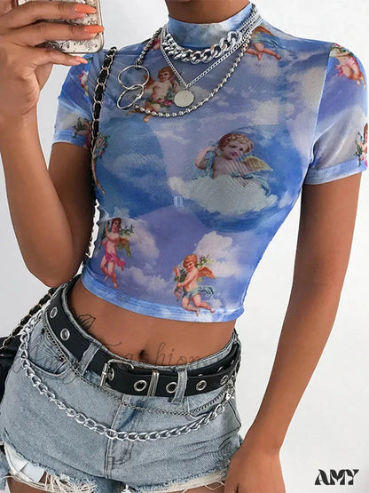 Amy Fashion - Angel Print Meshsexy Graphic Tees Hot Sale Crop Top Blue / S