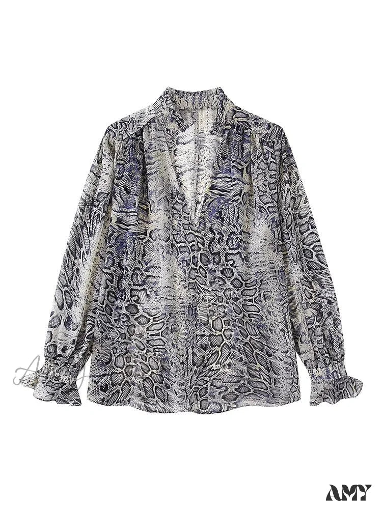 Amy Fashion - Animal Printed Long Sleeve V-Neck Blouse