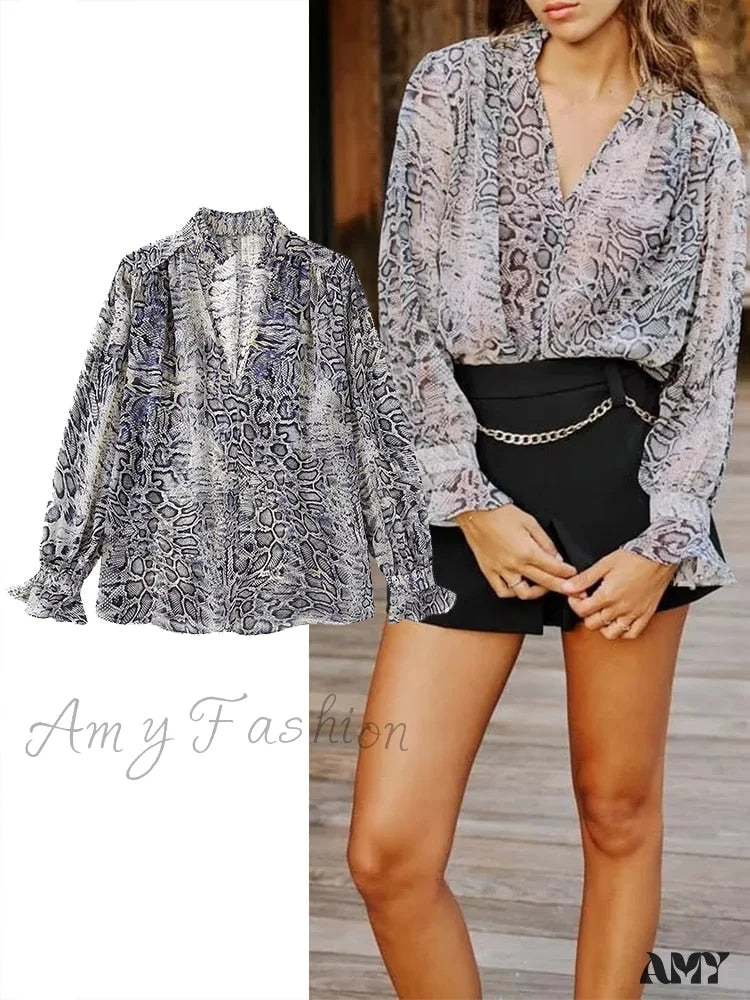 Amy Fashion - Animal Printed Long Sleeve V-Neck Blouse