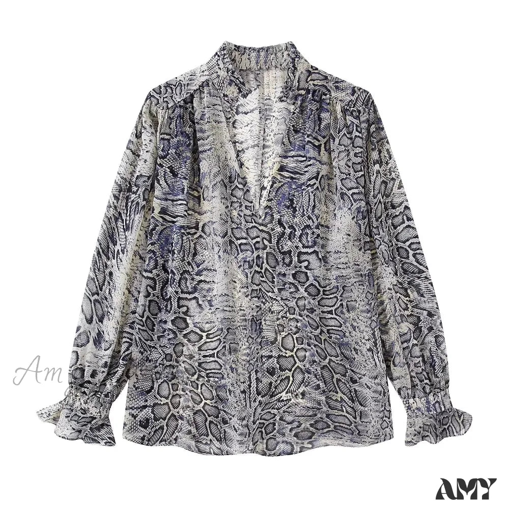 Amy Fashion - Animal Printed Long Sleeve V-Neck Blouse Grey / Xs