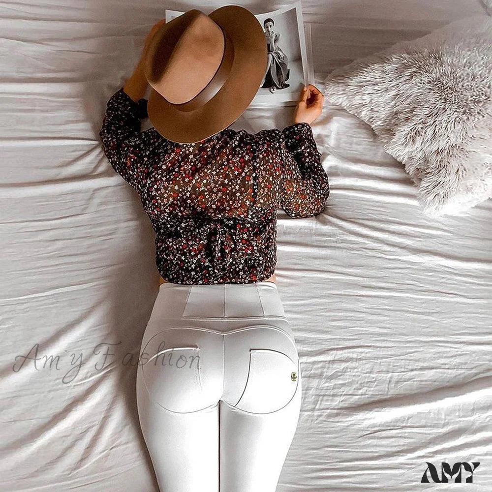 Amy Fashion - Artificial Leather High Waist Pencil Pants White / Xs