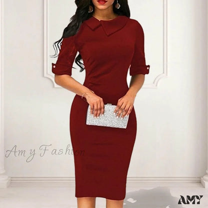 Amy Fashion - Asymmetrical Lapel Half Sleeve Waist Tight High-Waist Dress