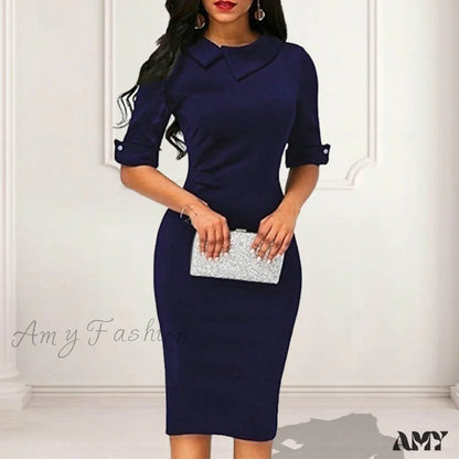 Amy Fashion - Asymmetrical Lapel Half Sleeve Waist Tight High-Waist Dress