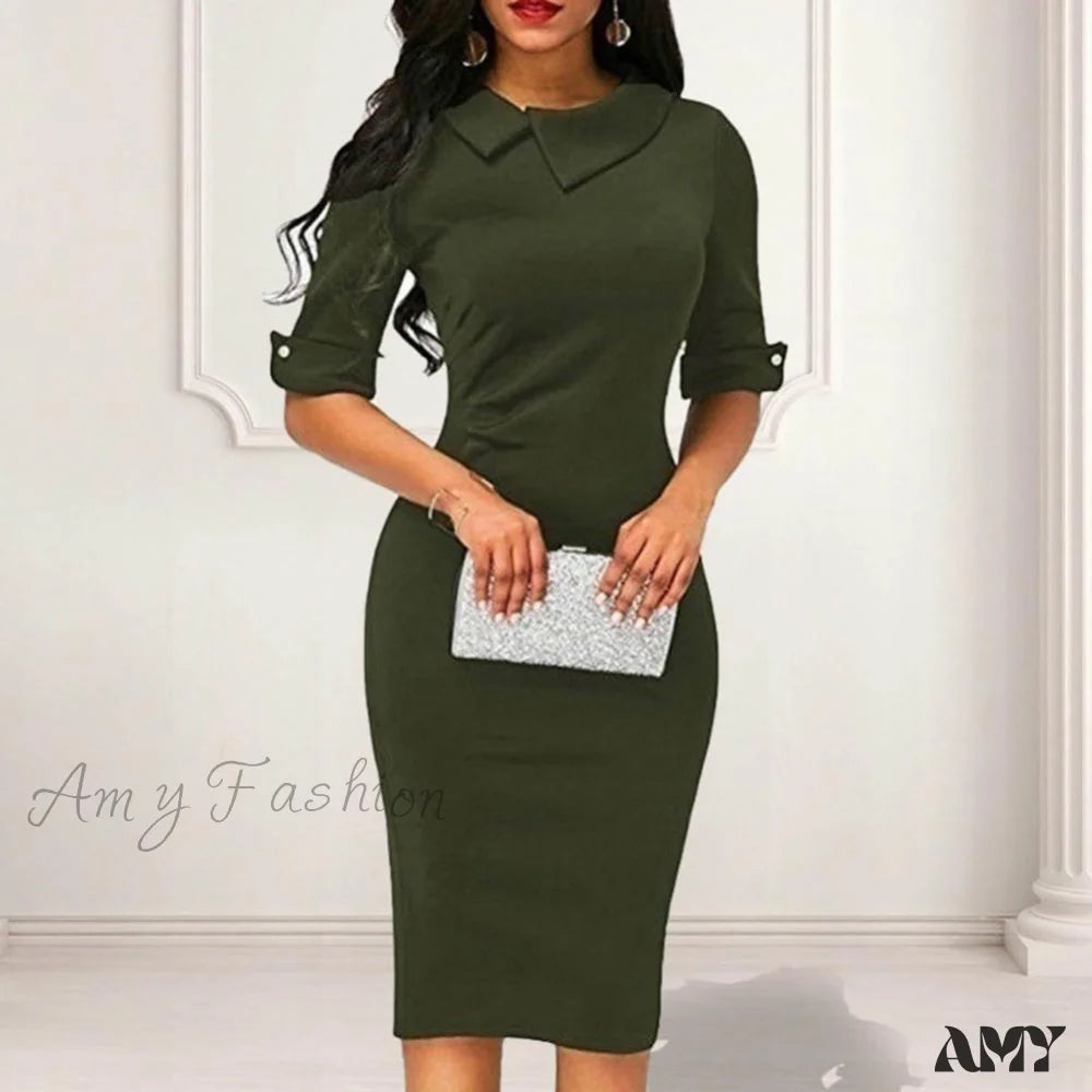 Amy Fashion - Asymmetrical Lapel Half Sleeve Waist Tight High-Waist Dress