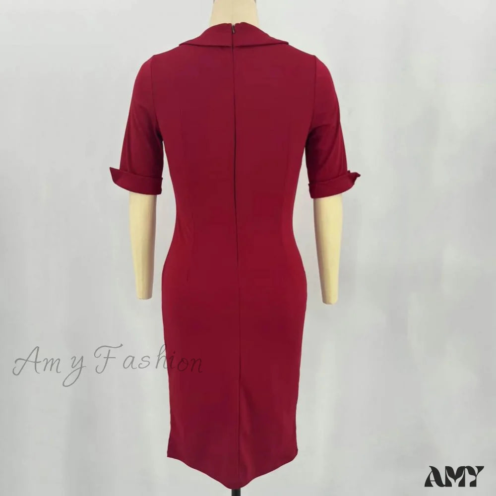 Amy Fashion - Asymmetrical Lapel Half Sleeve Waist Tight High-Waist Dress