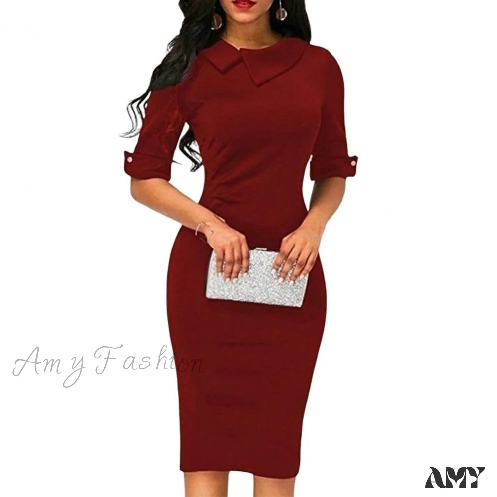 Amy Fashion - Asymmetrical Lapel Half Sleeve Waist Tight High-Waist Dress Wine Red / M