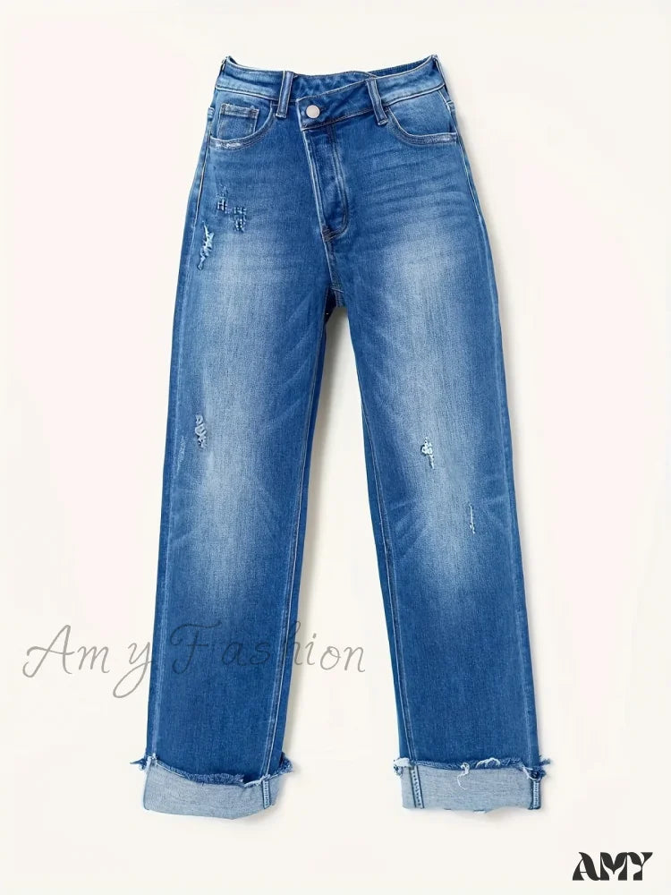 Amy Fashion - Asymmetrical Waist Casual Straight Loose Fit Rolled Hem Denim Jean