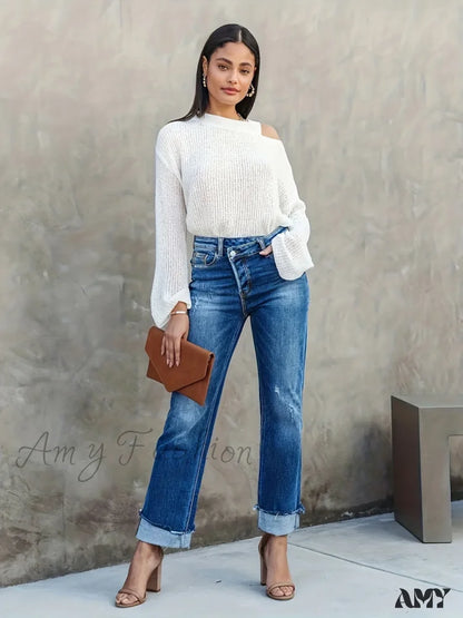 Amy Fashion - Asymmetrical Waist Casual Straight Loose Fit Rolled Hem Denim Jean