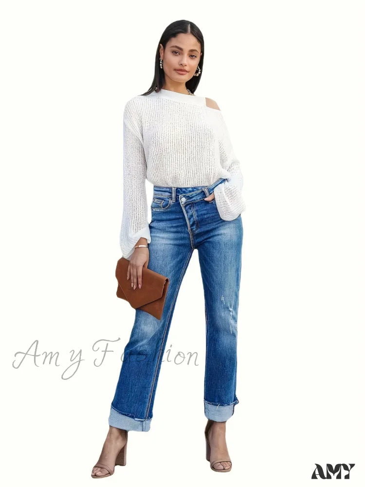 Amy Fashion - Asymmetrical Waist Casual Straight Loose Fit Rolled Hem Denim Jean