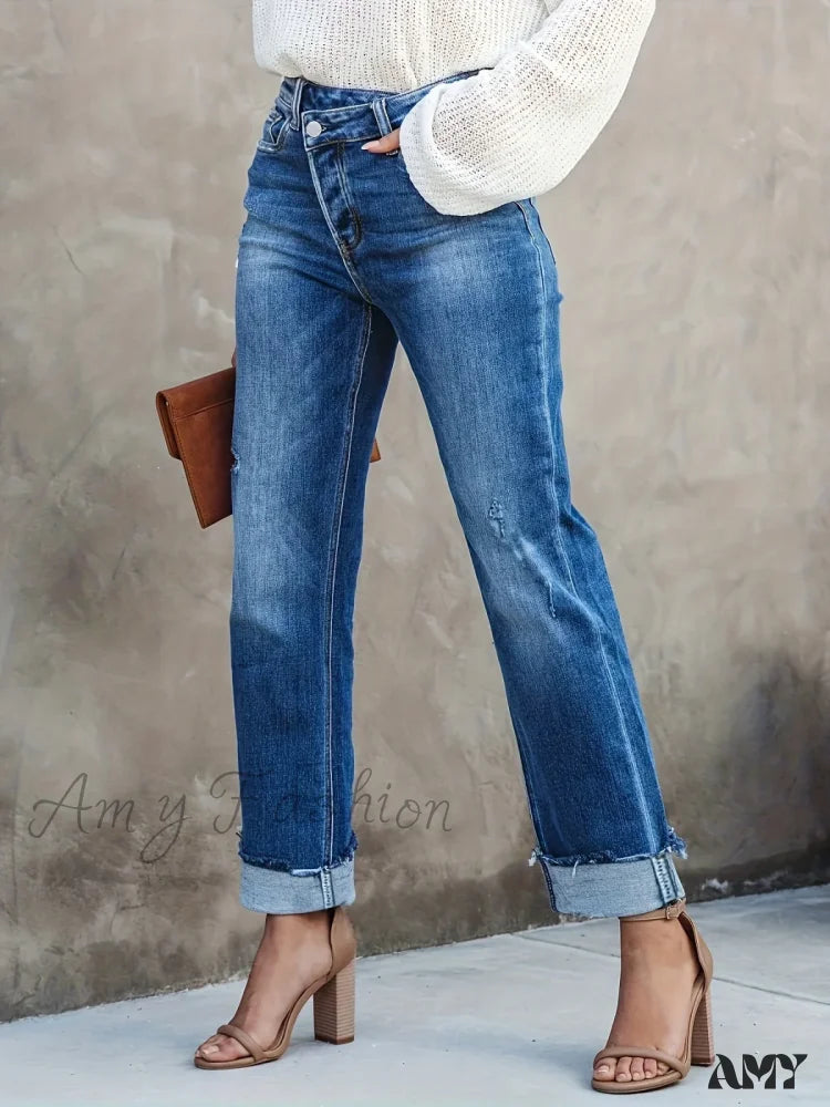 Amy Fashion - Asymmetrical Waist Casual Straight Loose Fit Rolled Hem Denim Jean