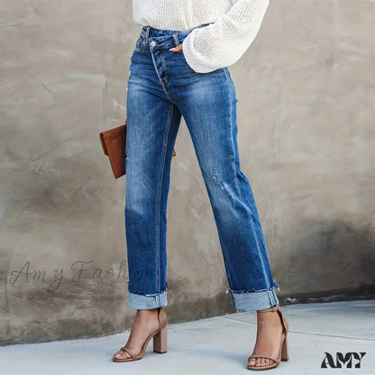 Amy Fashion - Asymmetrical Waist Casual Straight Loose Fit Rolled Hem Denim Jean Blue / 26