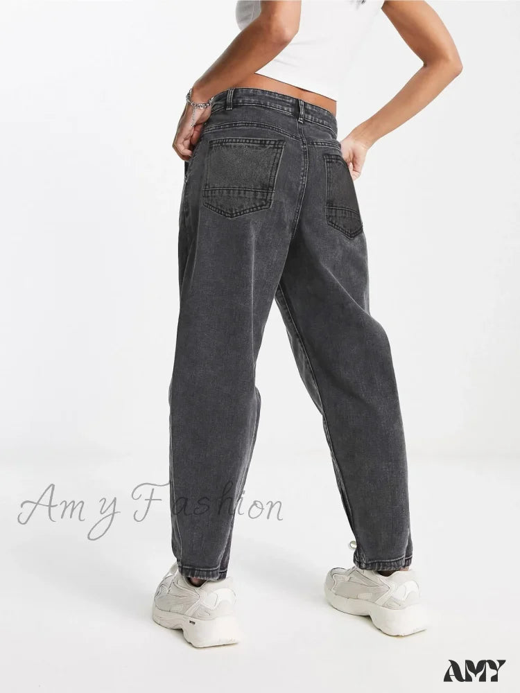 Amy Fashion - Autumn Black Washed Casual Tapered Slant Pockets Straight Legs Mom Denim