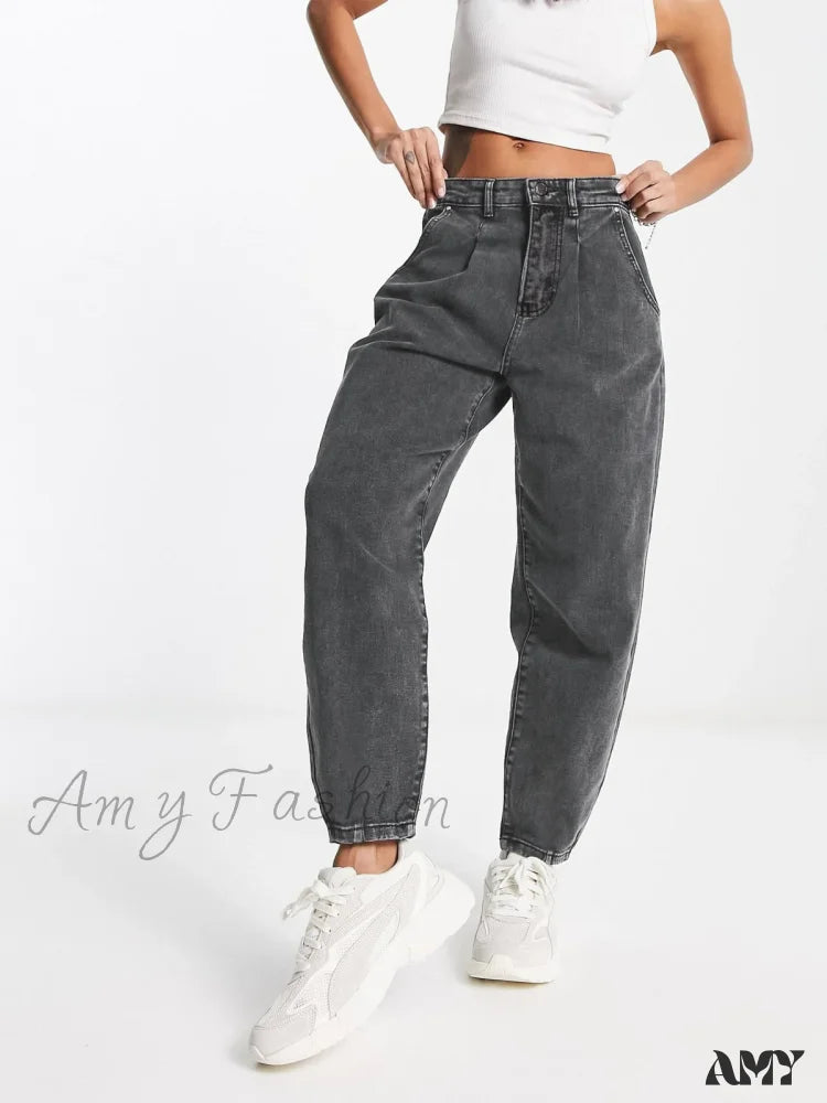 Amy Fashion - Autumn Black Washed Casual Tapered Slant Pockets Straight Legs Mom Denim