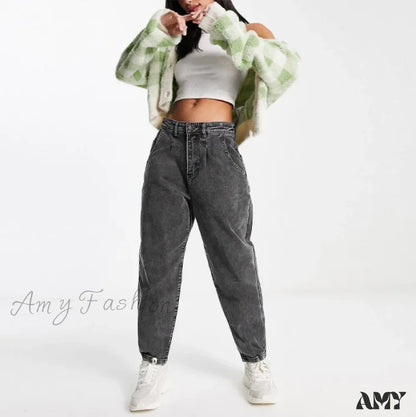 Amy Fashion - Autumn Black Washed Casual Tapered Slant Pockets Straight Legs Mom Denim Dark Grey /