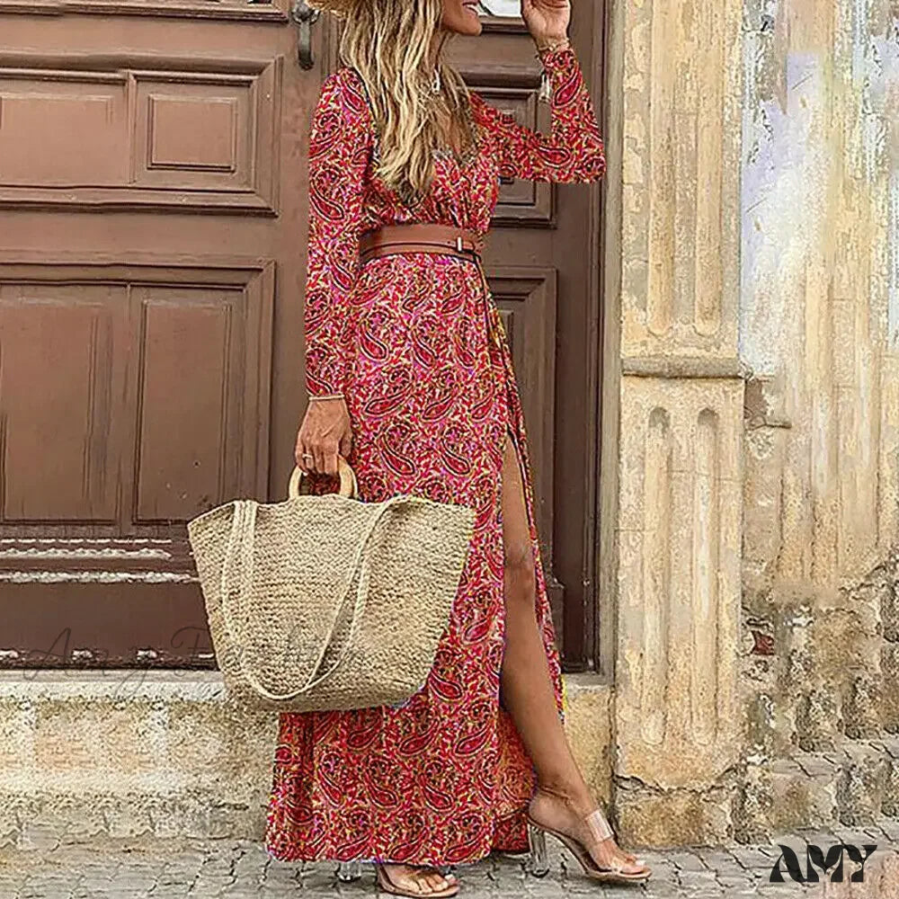 Amy Fashion - Autumn Female Short Sleeve Sexy High Split Maxi Boho Dress