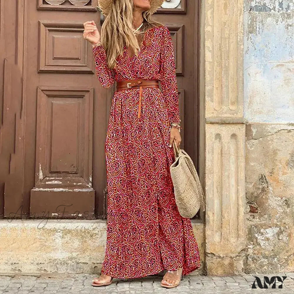 Amy Fashion - Autumn Female Short Sleeve Sexy High Split Maxi Boho Dress