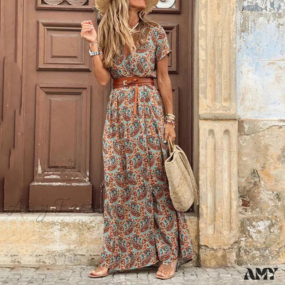 Amy Fashion - Autumn Female Short Sleeve Sexy High Split Maxi Boho Dress Brown / S