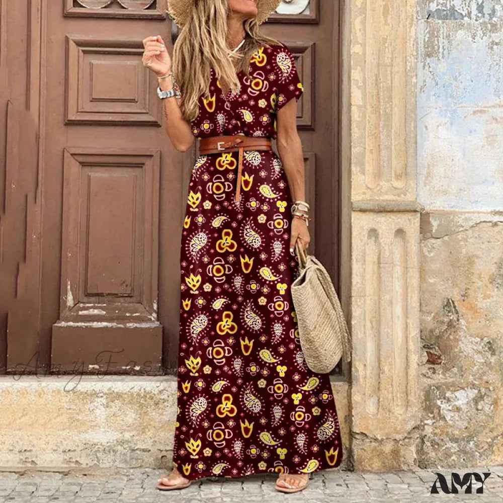 Amy Fashion - Autumn Female Short Sleeve Sexy High Split Maxi Boho Dress Wine Red / S