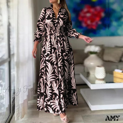 Amy Fashion - Autumn Floral Print Long Sleeve Boho Dress Black And White / S