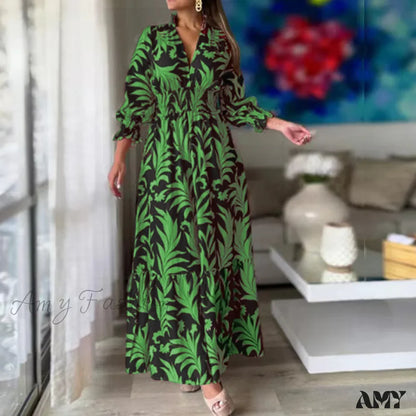 Amy Fashion - Autumn Floral Print Long Sleeve Boho Dress Green And Black / S