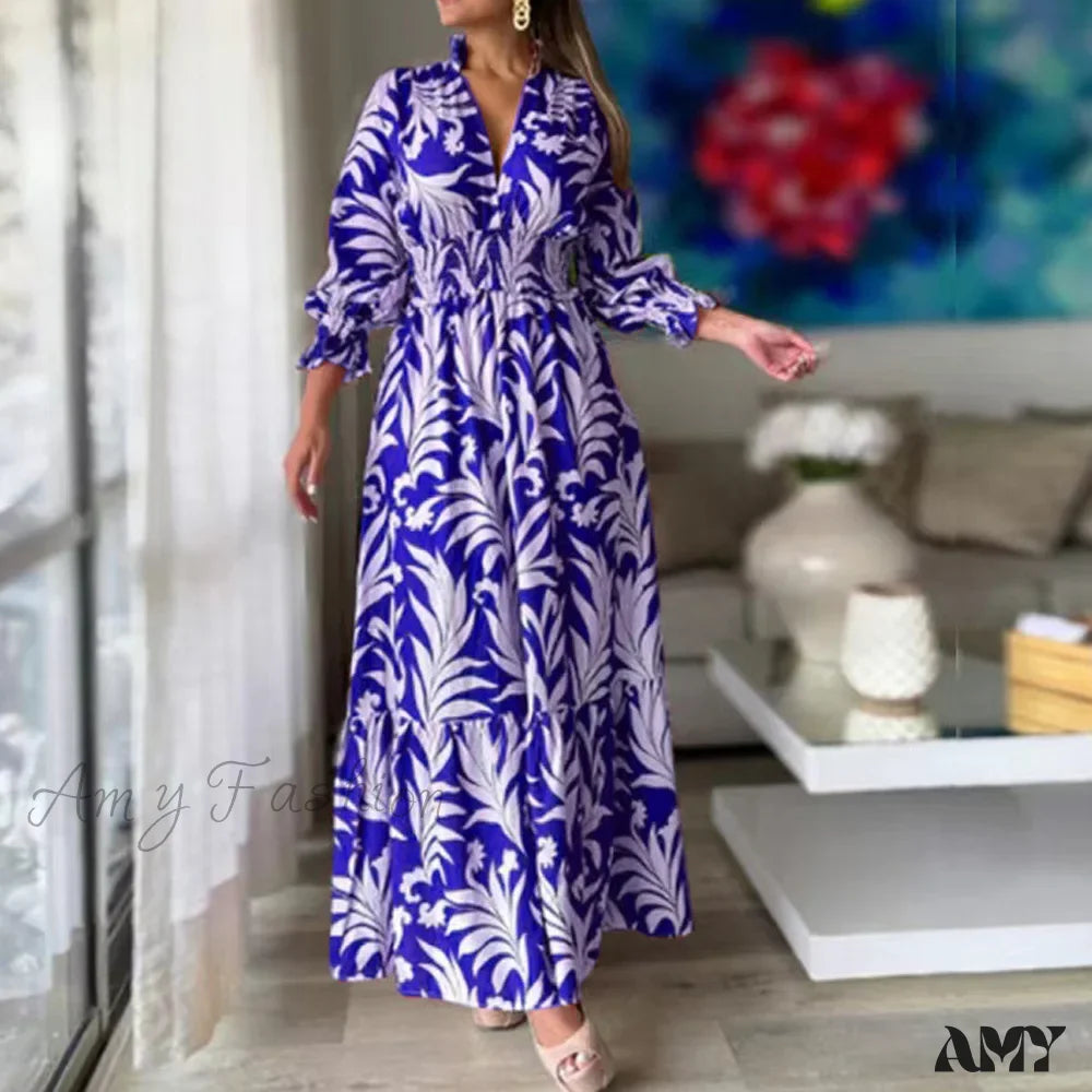 Amy Fashion - Autumn Floral Print Long Sleeve Boho Dress White And Blue / S