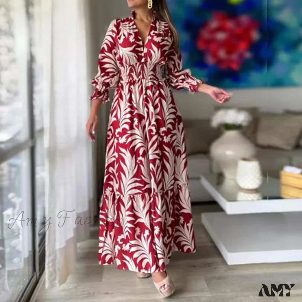 Amy Fashion - Autumn Floral Print Long Sleeve Boho Dress White And Red / S