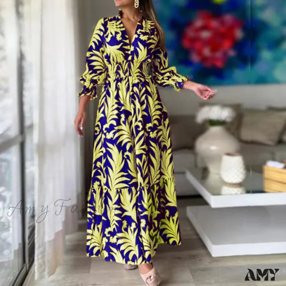 Amy Fashion - Autumn Floral Print Long Sleeve Boho Dress Yellow And Blue / S