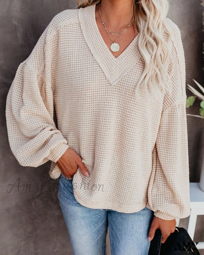 Amy Fashion - Autumn Knit V-Neck Long Lantern Sleeve Casual Sweater