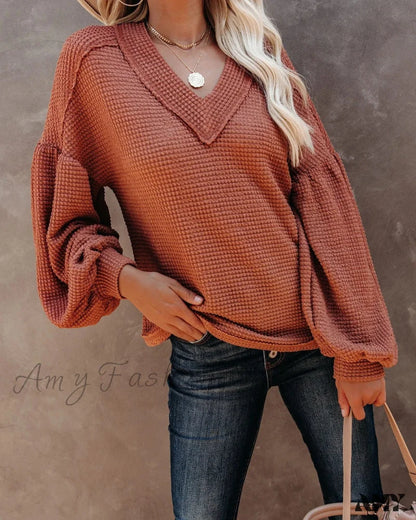 Amy Fashion - Autumn Knit V-Neck Long Lantern Sleeve Casual Sweater