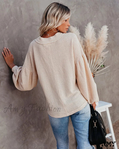 Amy Fashion - Autumn Knit V-Neck Long Lantern Sleeve Casual Sweater