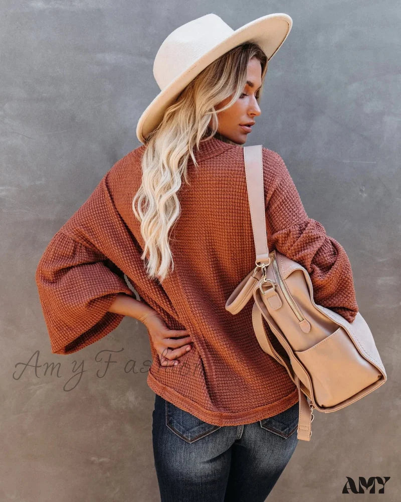 Amy Fashion - Autumn Knit V-Neck Long Lantern Sleeve Casual Sweater