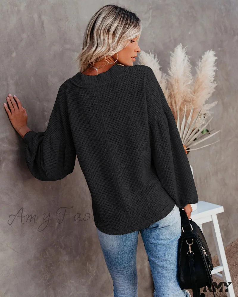 Amy Fashion - Autumn Knit V-Neck Long Lantern Sleeve Casual Sweater