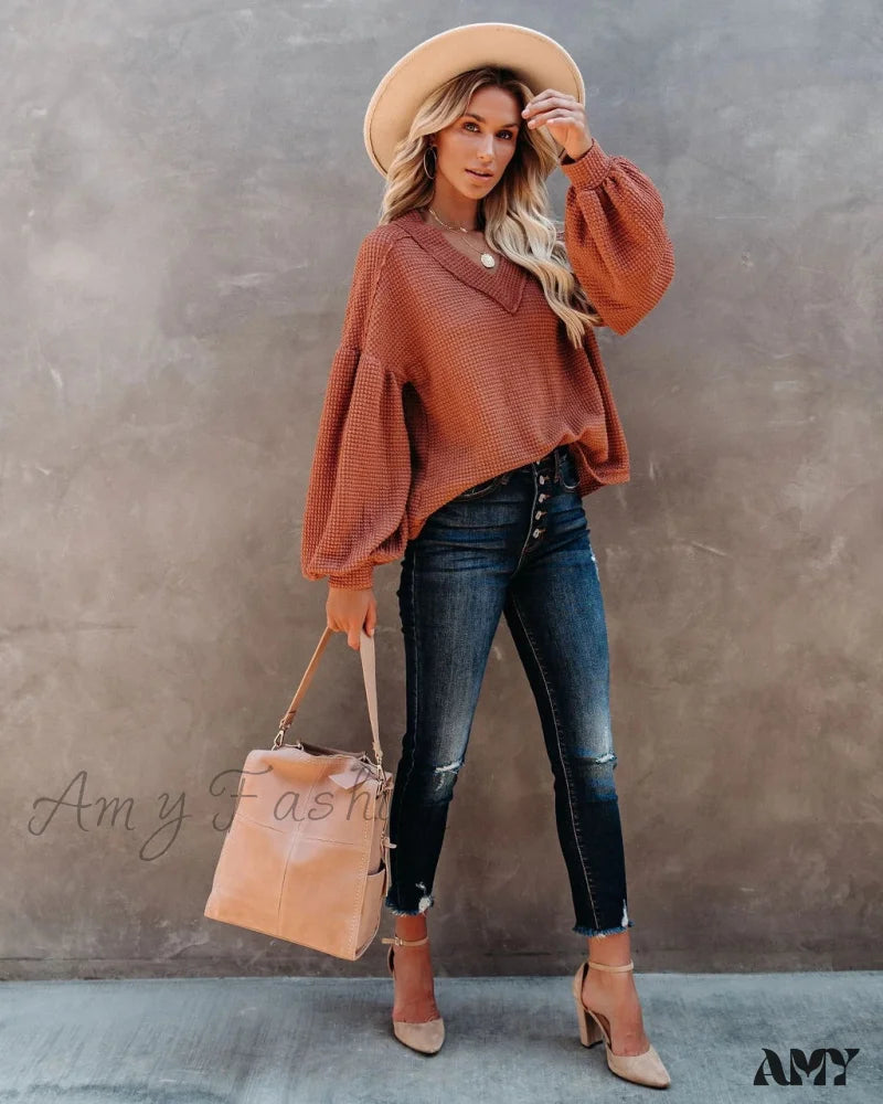 Amy Fashion - Autumn Knit V-Neck Long Lantern Sleeve Casual Sweater